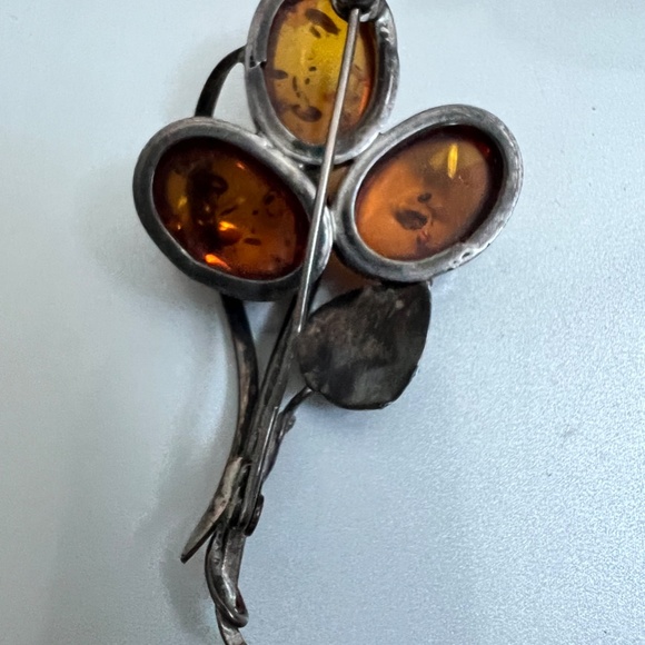 VINTAGE BALTIC AMBER BROOCH 925 STERLING SILVER HONEY  LARGE FLOWER - Picture 9 of 9